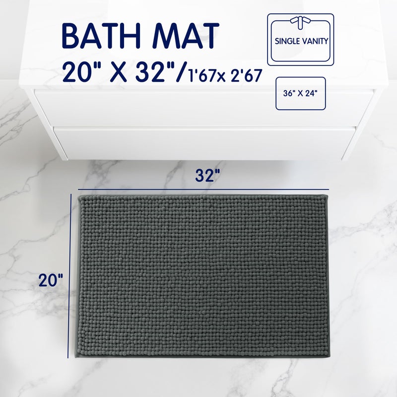 SUBRTEX Bathroom Rugs, 20" x 32" Chenille Bath Rug Soft Short Plush Bath Mat Soft Shower Mat Water Absorbent Shower Mat Quick Dry Machine Washable, Gray - Image 2